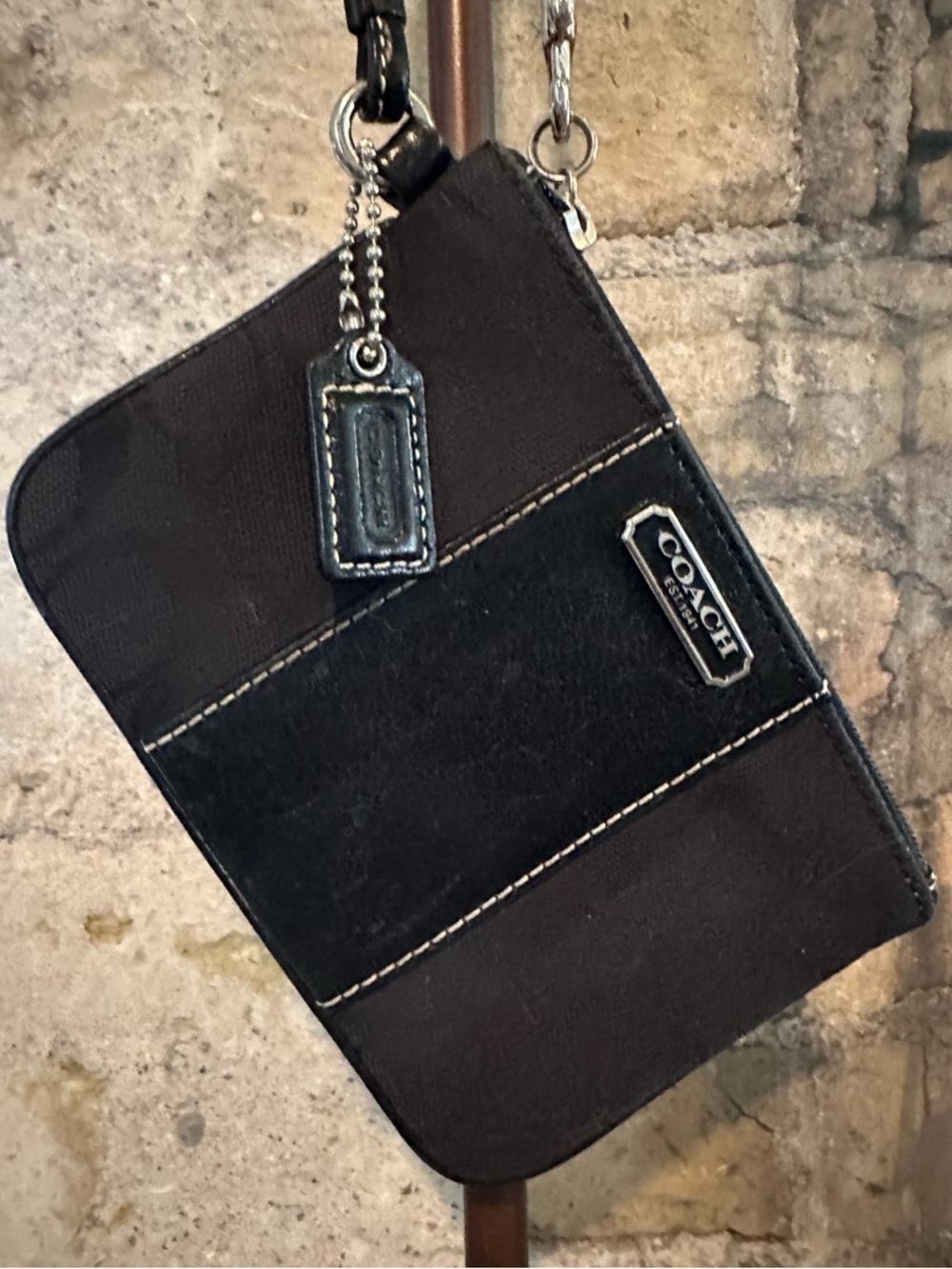 Coach Black Leather & Canvas Wristlet